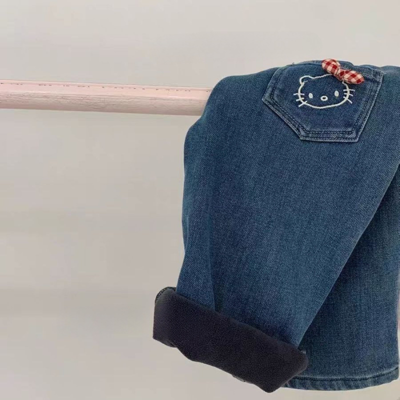 Lányoknak fleece-sel bélelt farmernadrág, széles szabás, őszi–téli 2025, 3–8 éveseknek