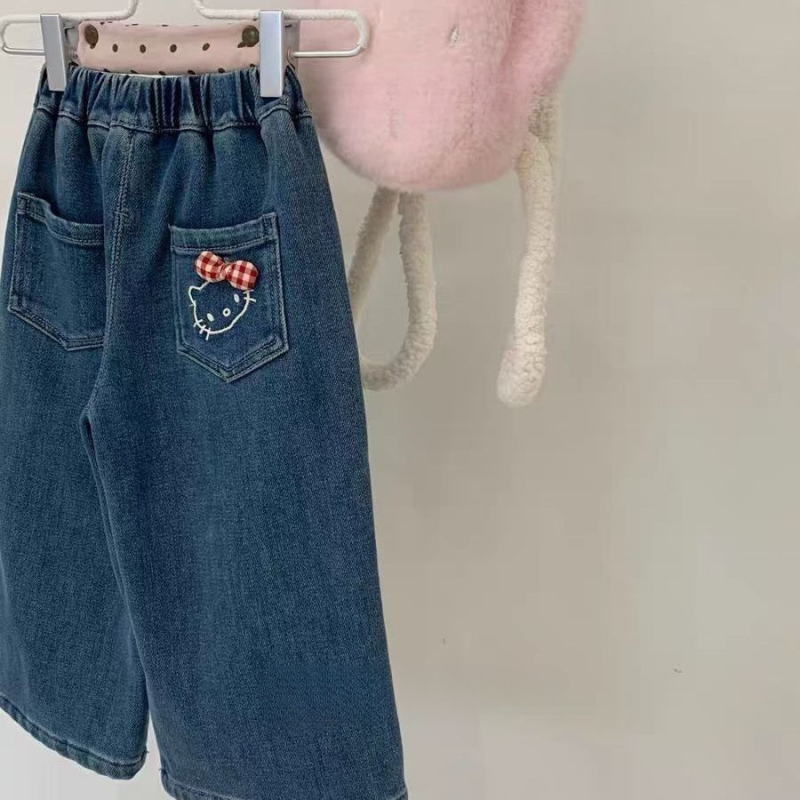 Lányoknak fleece-sel bélelt farmernadrág, széles szabás, őszi–téli 2025, 3–8 éveseknek