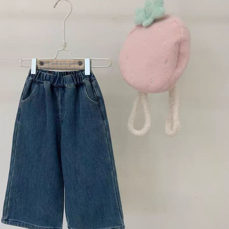 Lányoknak fleece-sel bélelt farmernadrág, széles szabás, őszi–téli 2025, 3–8 éveseknek