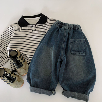 Koreai stílusú gyerek pamutnadrág, középmagas derékvonalú, egyszínű, 64,6% pamut, 3–8 éveseknek