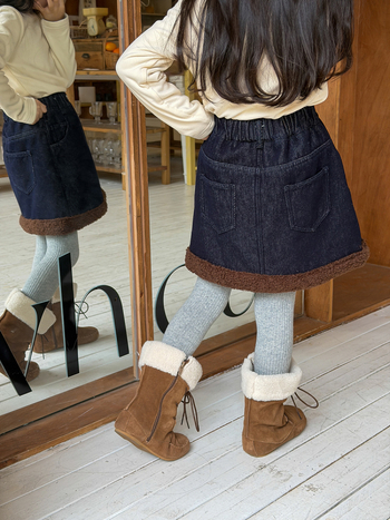 Gyerekeknek készült fleece-belelt A-vonalú farmer szoknya, Denim 180 g, 94% pamut 6% poliészter, téli