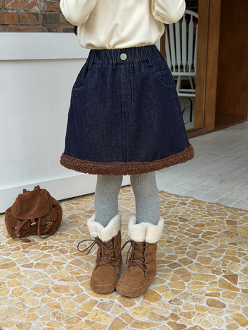 Gyerekeknek készült fleece-belelt A-vonalú farmer szoknya, Denim 180 g, 94% pamut 6% poliészter, téli