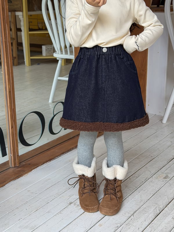 Gyerekeknek készült fleece-belelt A-vonalú farmer szoknya, Denim 180 g, 94% pamut 6% poliészter, téli