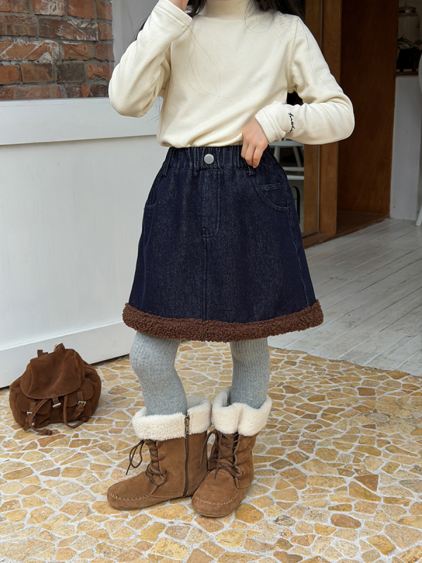 Gyerekeknek készült fleece-belelt A-vonalú farmer szoknya, Denim 180 g, 94% pamut 6% poliészter, téli