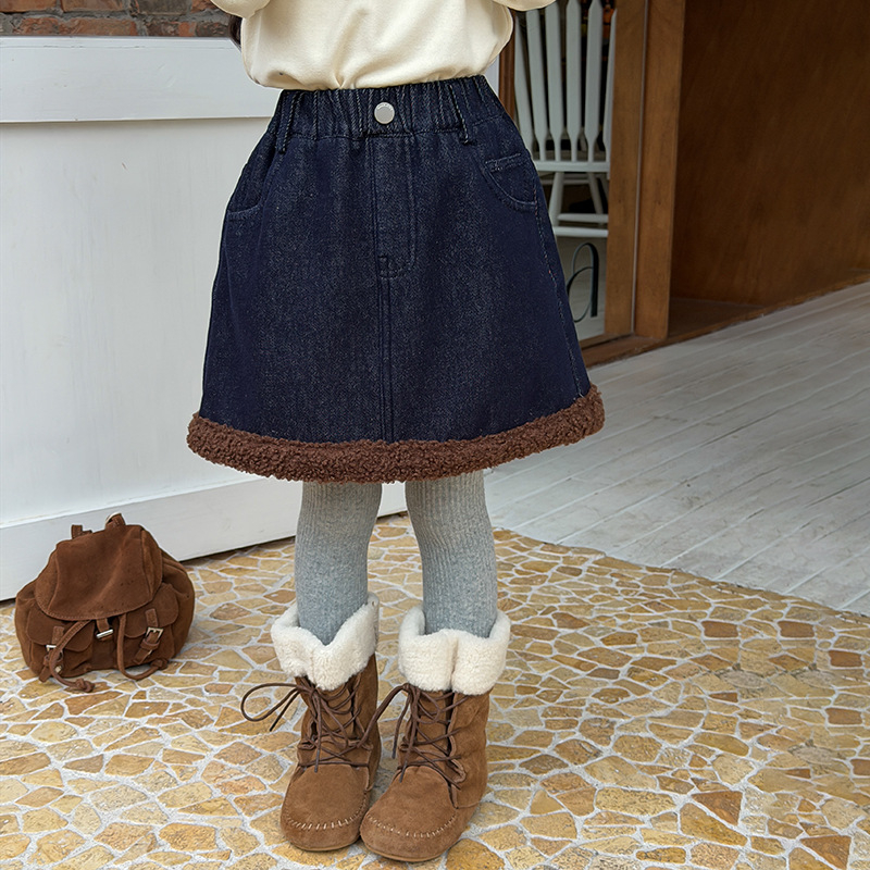 Gyerekeknek készült fleece-belelt A-vonalú farmer szoknya, Denim 180 g, 94% pamut 6% poliészter, téli