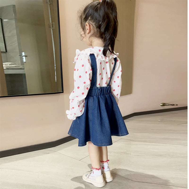 Lányoknak denim vállpántos ruha, egyszínű mintázat, 85% pamut, lágy felület, 3–8 éveseknek, tavasz–ősz