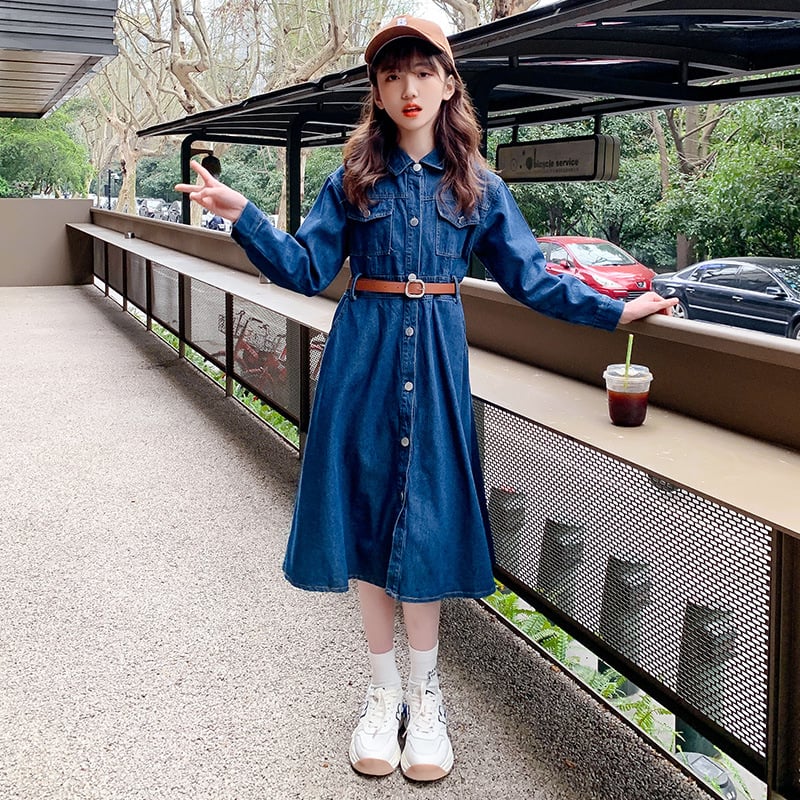 Dječja denimska haljina u korejskom stilu s dugim rukavima, kroj princeza, glavni materijal pamuk 80%, podstava pamuk 80%