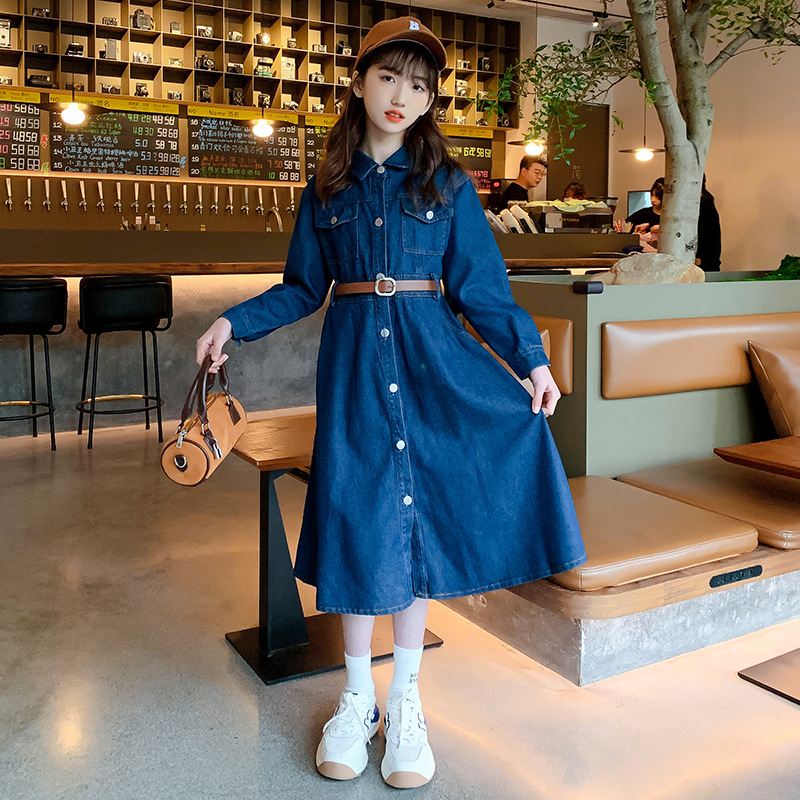 Dječja denimska haljina u korejskom stilu s dugim rukavima, kroj princeza, glavni materijal pamuk 80%, podstava pamuk 80%