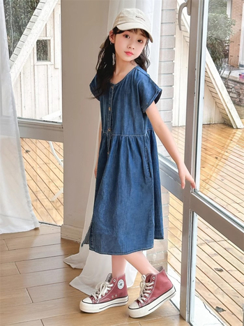 Djevojčica denim haljina, ljetni korejski stil, jednobojna, pamuk 45%, za djecu iznad 8 godina, ljeto 2025