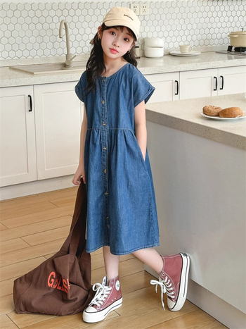 Djevojčica denim haljina, ljetni korejski stil, jednobojna, pamuk 45%, za djecu iznad 8 godina, ljeto 2025