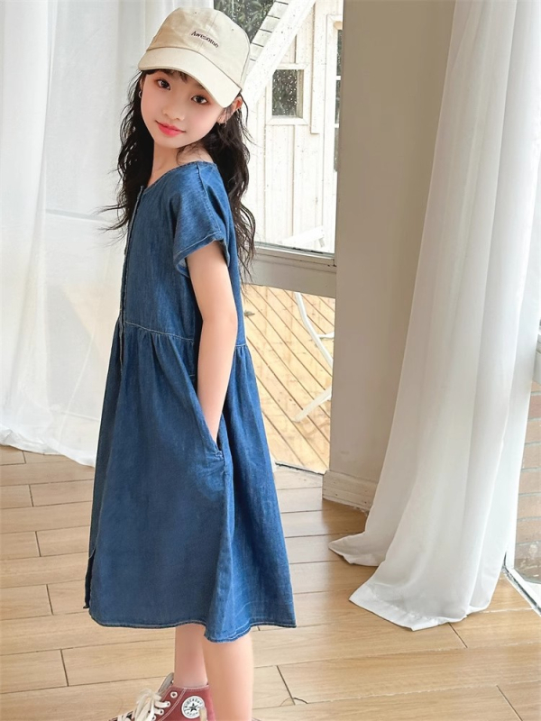 Djevojčica denim haljina, ljetni korejski stil, jednobojna, pamuk 45%, za djecu iznad 8 godina, ljeto 2025