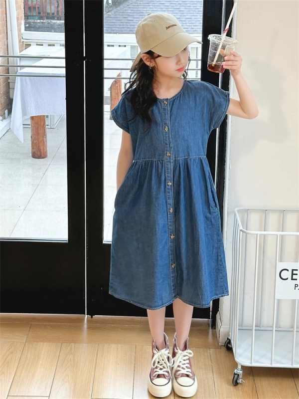 Djevojčica denim haljina, ljetni korejski stil, jednobojna, pamuk 45%, za djecu iznad 8 godina, ljeto 2025