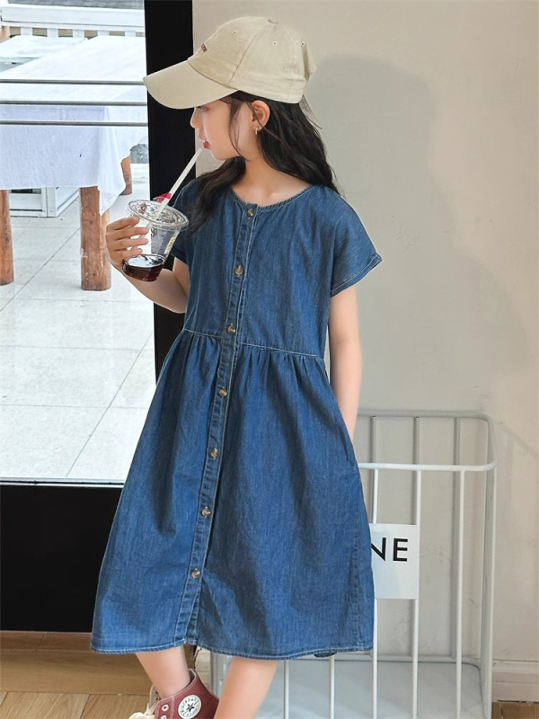 Djevojčica denim haljina, ljetni korejski stil, jednobojna, pamuk 45%, za djecu iznad 8 godina, ljeto 2025