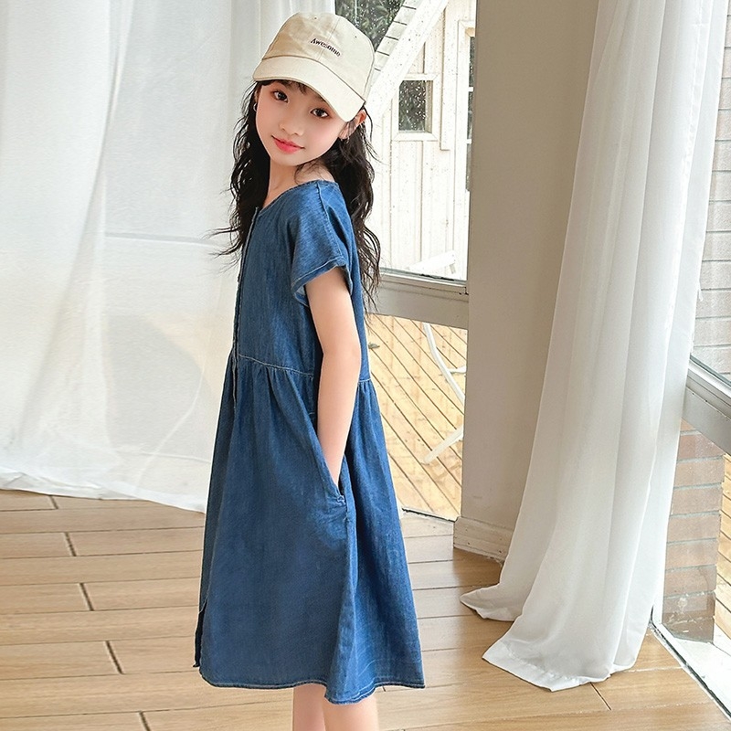 Djevojčica denim haljina, ljetni korejski stil, jednobojna, pamuk 45%, za djecu iznad 8 godina, ljeto 2025