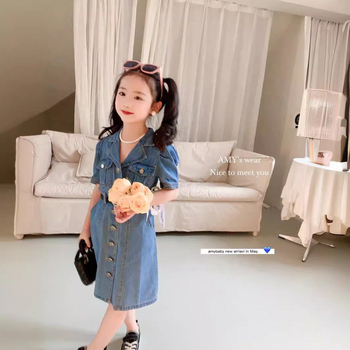 Dječja traper haljina – Ležerni stil, pamuk, kratki rukavi, ljeto 2024