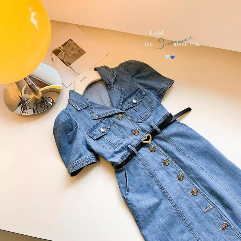 Dječja traper haljina – Ležerni stil, pamuk, kratki rukavi, ljeto 2024