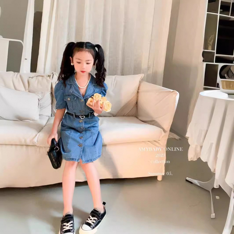 Dječja traper haljina – Ležerni stil, pamuk, kratki rukavi, ljeto 2024