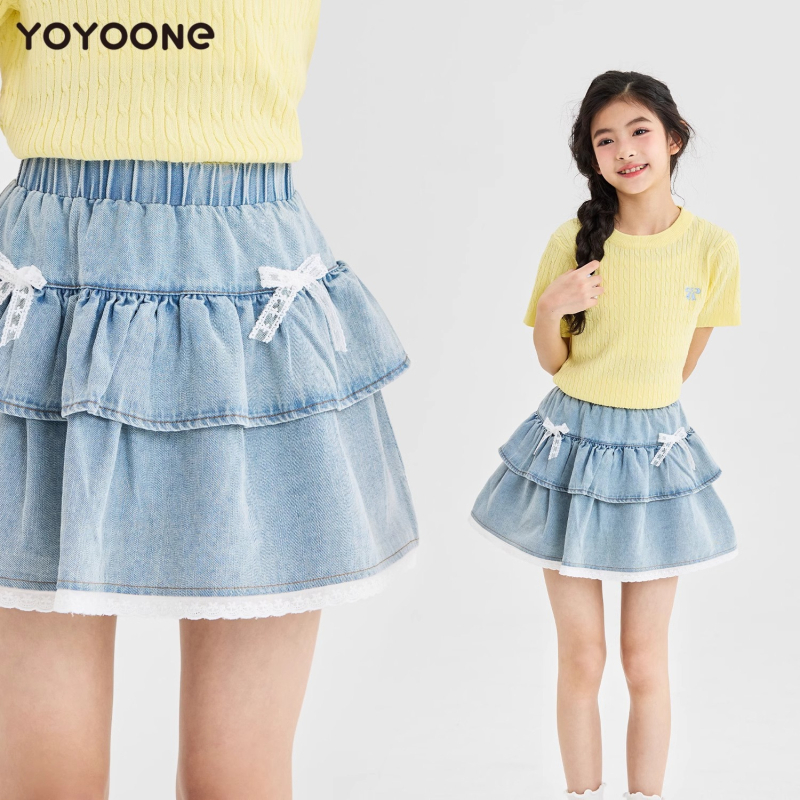 Fustă din denim pentru fete, design cu insertii (splice), amestec denim/bumbac, căptușeală de bumbac, 8+ ani