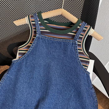 Dječji dvodijelni komplet u korejskom stilu: denim haljina s trakama i prugasti top bez rukava, ljeto, 90% pamuka