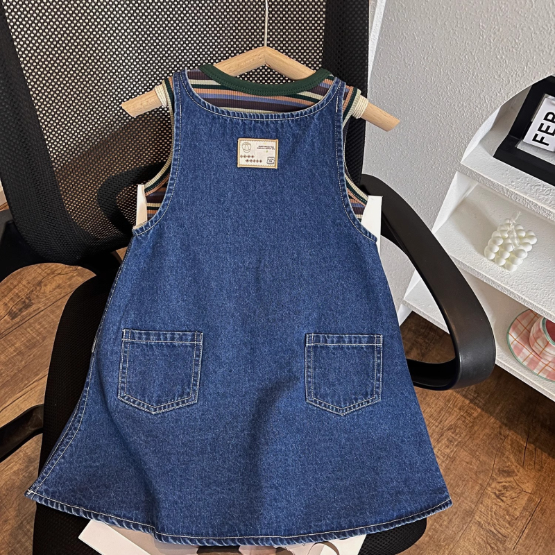 Dječji dvodijelni komplet u korejskom stilu: denim haljina s trakama i prugasti top bez rukava, ljeto, 90% pamuka