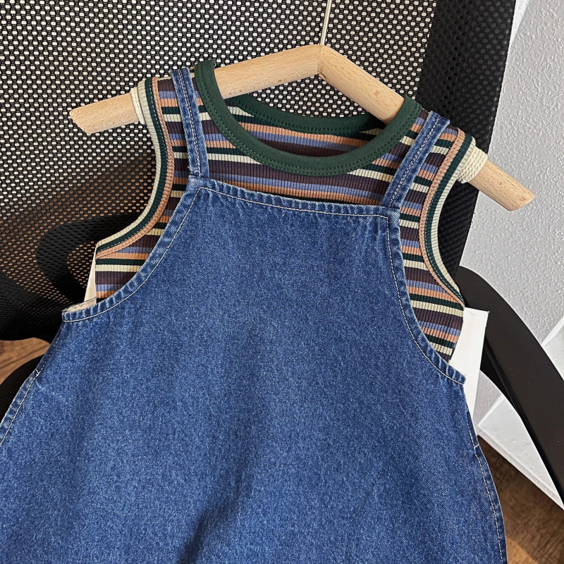 Dječji dvodijelni komplet u korejskom stilu: denim haljina s trakama i prugasti top bez rukava, ljeto, 90% pamuka