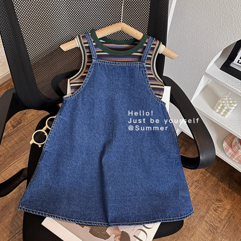 Dječji dvodijelni komplet u korejskom stilu: denim haljina s trakama i prugasti top bez rukava, ljeto, 90% pamuka