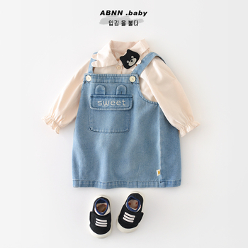 Dječja denimska haljina na naramenice, korejskog stila, pamuk 72% tkanina, proljeće 2025