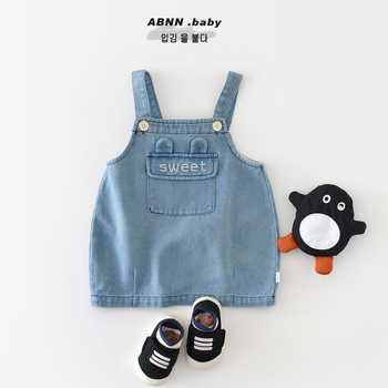 Dječja denimska haljina na naramenice, korejskog stila, pamuk 72% tkanina, proljeće 2025