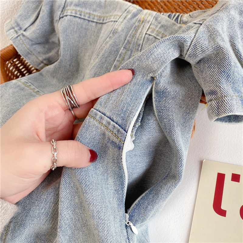 Koreai stílusú gyerek denim rövid ujjú ruha, A-vonalú szabás, 60% pamut, 3–8 éveseknek