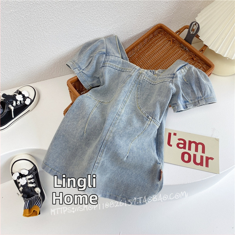 Koreai stílusú gyerek denim rövid ujjú ruha, A-vonalú szabás, 60% pamut, 3–8 éveseknek