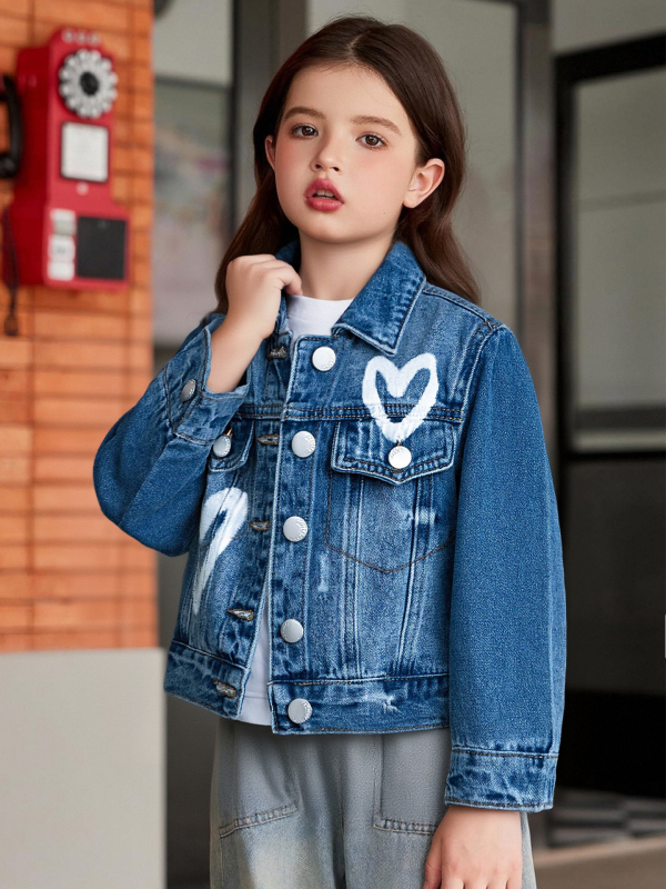 Jachetă de denim pentru fete cu imprimeu graffiti inimă, mâneci lungi, închidere cu nasturi, 98% bumbac, potrivită pentru primăvară și toamnă