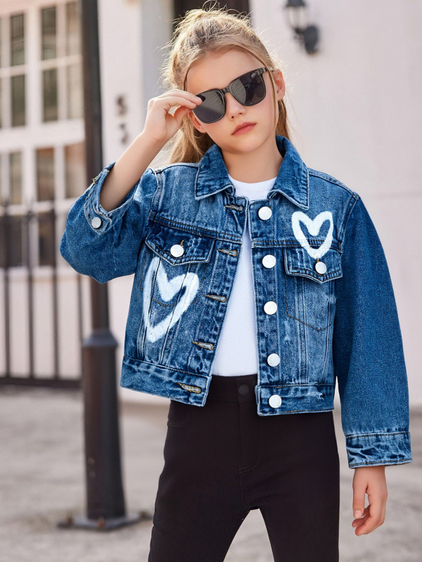 Jachetă de denim pentru fete cu imprimeu graffiti inimă, mâneci lungi, închidere cu nasturi, 98% bumbac, potrivită pentru primăvară și toamnă