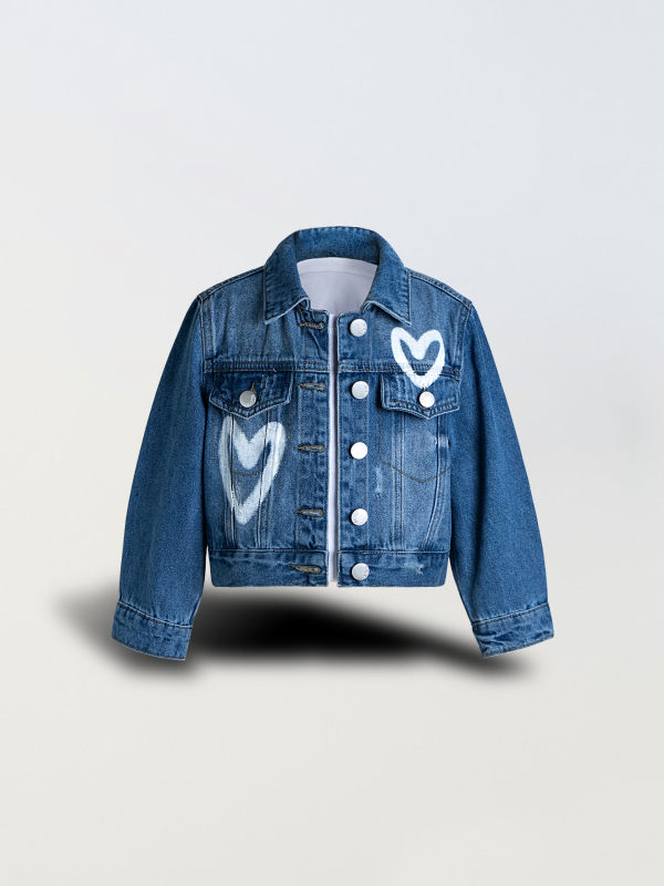 Jachetă de denim pentru fete cu imprimeu graffiti inimă, mâneci lungi, închidere cu nasturi, 98% bumbac, potrivită pentru primăvară și toamnă