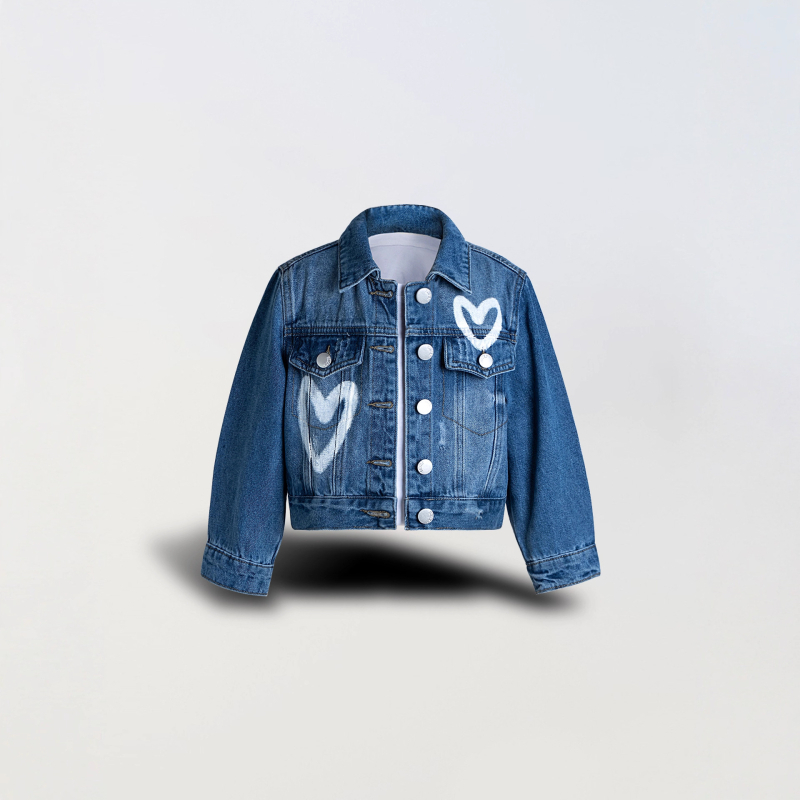 Jachetă de denim pentru fete cu imprimeu graffiti inimă, mâneci lungi, închidere cu nasturi, 98% bumbac, potrivită pentru primăvară și toamnă