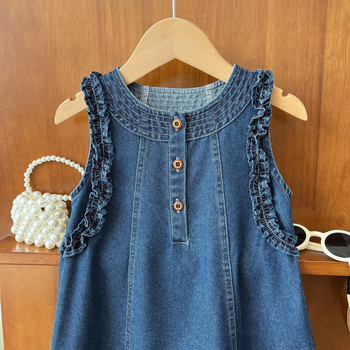 Lányoknak szóló ujjatlan farmer ruha, kerek nyakú, fodros szegéllyel, 80% pamut, 3–8 év