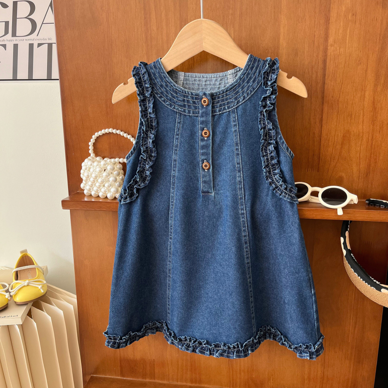 Lányoknak szóló ujjatlan farmer ruha, kerek nyakú, fodros szegéllyel, 80% pamut, 3–8 év