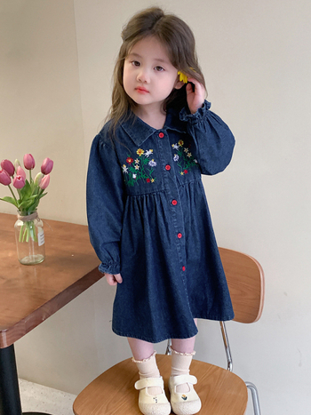 Djevojčice džins haljina s izvezom, korejski stil, dugi rukavi, za djecu 3-8 godina, proljeće i jesen.