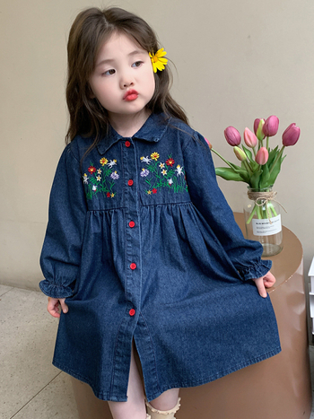 Djevojčice džins haljina s izvezom, korejski stil, dugi rukavi, za djecu 3-8 godina, proljeće i jesen.