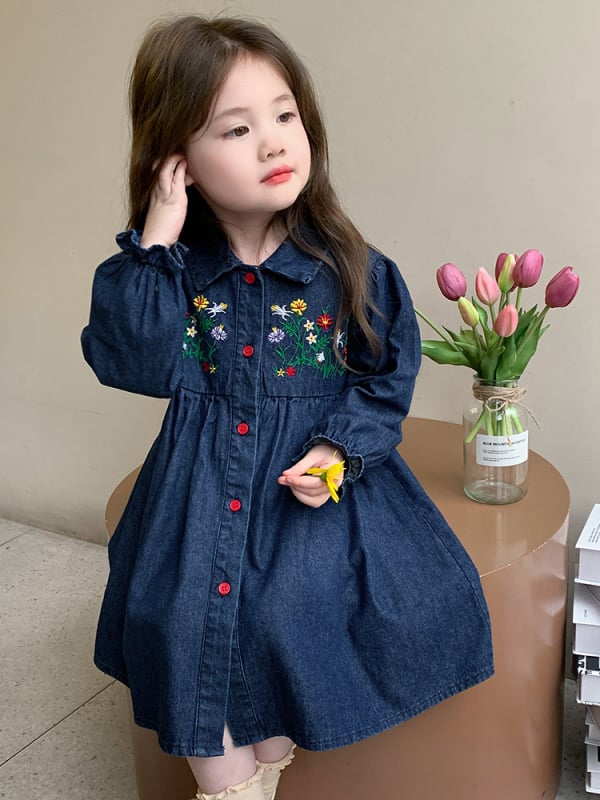 Djevojčice džins haljina s izvezom, korejski stil, dugi rukavi, za djecu 3-8 godina, proljeće i jesen.