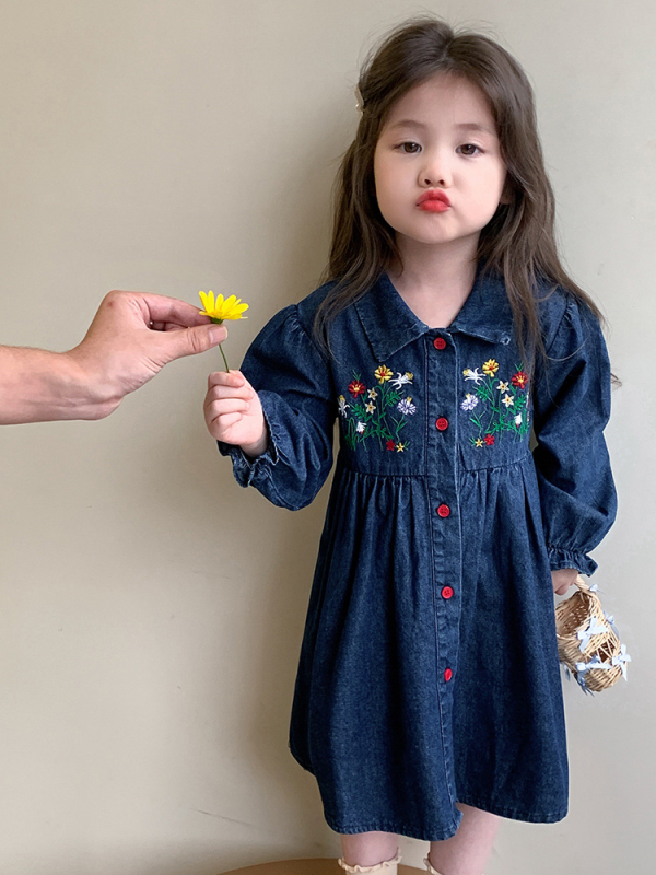 Djevojčice džins haljina s izvezom, korejski stil, dugi rukavi, za djecu 3-8 godina, proljeće i jesen.