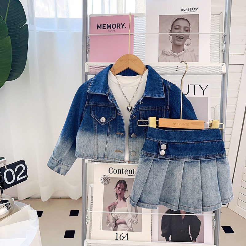 Dječji denimski komplet: jakna i suknja s gradijentnim denimom, korejski stil, dvodijelni set, 80,6% pamuka, dugi rukavi, za dob 3–8 godina.