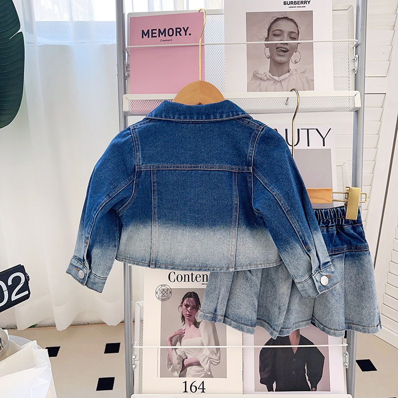 Dječji denimski komplet: jakna i suknja s gradijentnim denimom, korejski stil, dvodijelni set, 80,6% pamuka, dugi rukavi, za dob 3–8 godina.