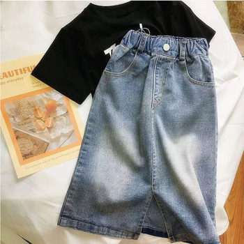 Dječja traper suknja, srednje duljine, A-linija, 91% pamuk, podstava 81–90% pamuk, za djevojčice starije od 8 godina (visina iznad 140 cm), ljeto 2024