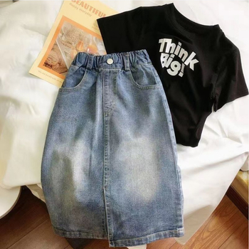 Dječja traper suknja, srednje duljine, A-linija, 91% pamuk, podstava 81–90% pamuk, za djevojčice starije od 8 godina (visina iznad 140 cm), ljeto 2024