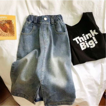 Dječja traper suknja, srednje duljine, A-linija, 91% pamuk, podstava 81–90% pamuk, za djevojčice starije od 8 godina (visina iznad 140 cm), ljeto 2024