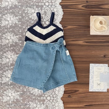 Dječja denimska suknja s naramenicama, elastična, 90% pamuk, A-linija, ljeto