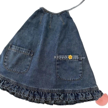 Dječja denims haljina s naramenicama i otvorenim leđima, ljetni stil, 30% pamuk, A-line kroj