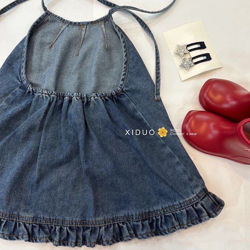 Dječja denims haljina s naramenicama i otvorenim leđima, ljetni stil, 30% pamuk, A-line kroj