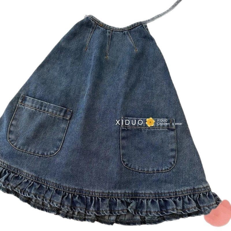 Dječja denims haljina s naramenicama i otvorenim leđima, ljetni stil, 30% pamuk, A-line kroj