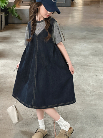 Dječji dvodijelni ljetni komplet: džins haljina bez rukava i prugasti kratki T‑shirt, korejski stil, 80% pamuk, prugasti uzorak, za djevojčice 8+ godina (visina >140 cm), ljeto 2025
